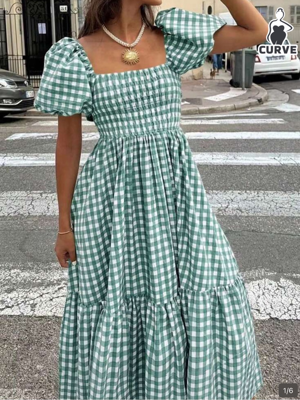 SHEIN Green Gingham Square-Neck Puff Sleeve Maxi Dress